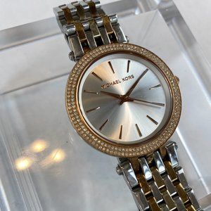 Michael Kors Silver Rose Yellow Gold Tone Bracelet Watch Crystal Pave FrameDial